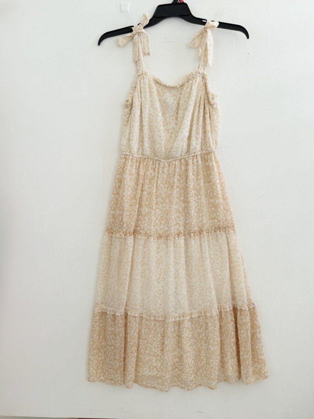 NEW Sincerely Jules floral tiered midi dress Tan cream cottagecore peasant LARGE